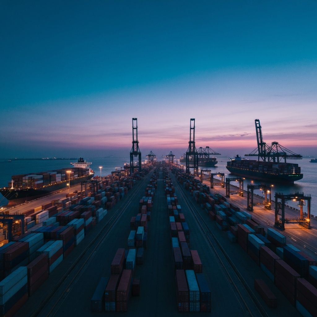 Aerial view of international shipping port at dusk