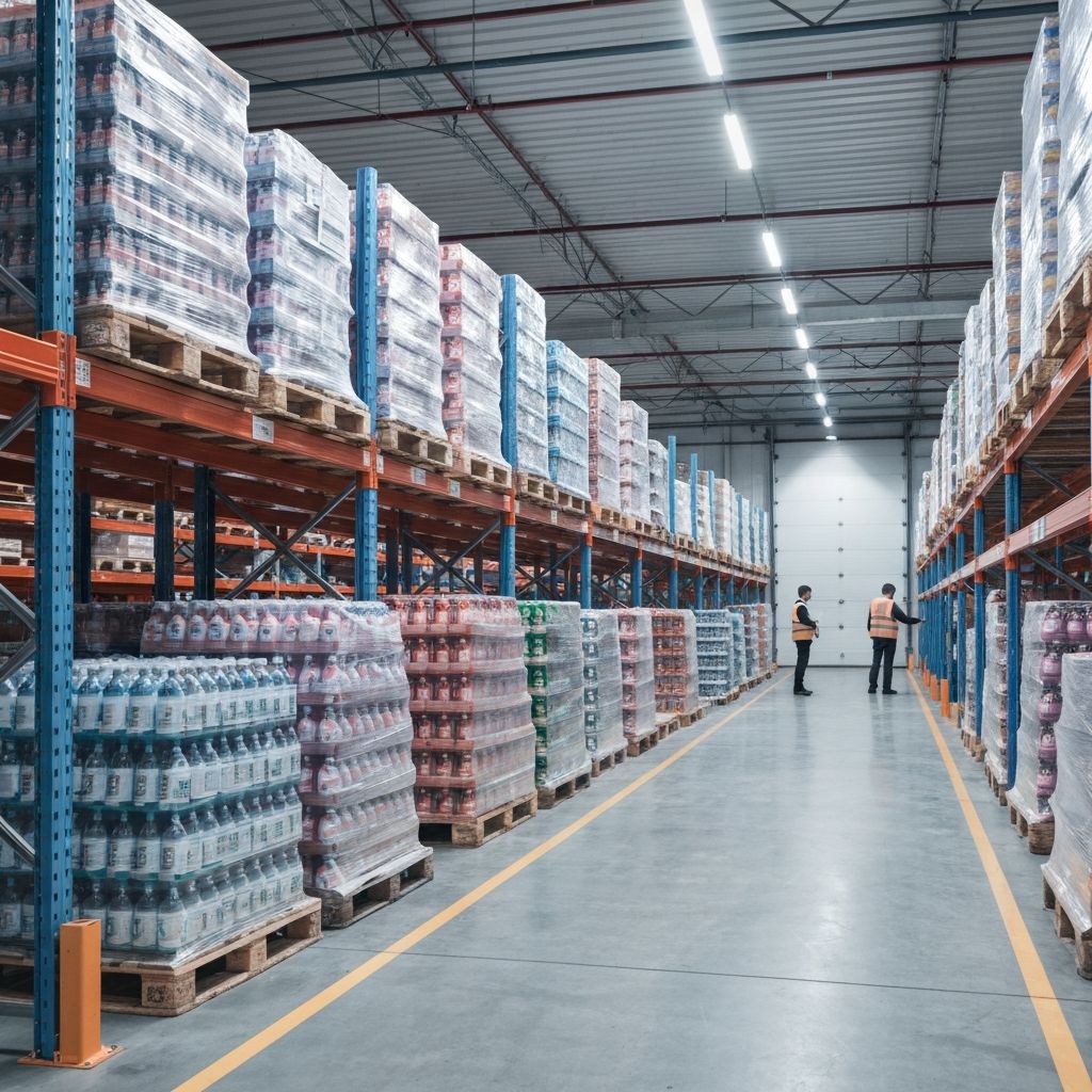 Modern warehouse distribution center with organized shelving and logistics operations